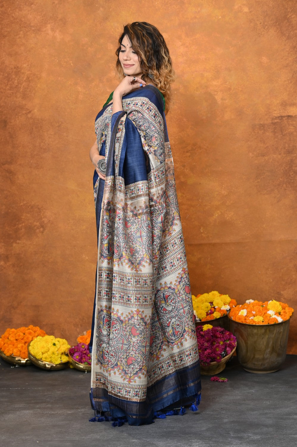 Very Much Indian Designed By VMI - Handloom Pure Tussar Silk Saree With Beautiful Madhubani Print - Blue | Grocsy