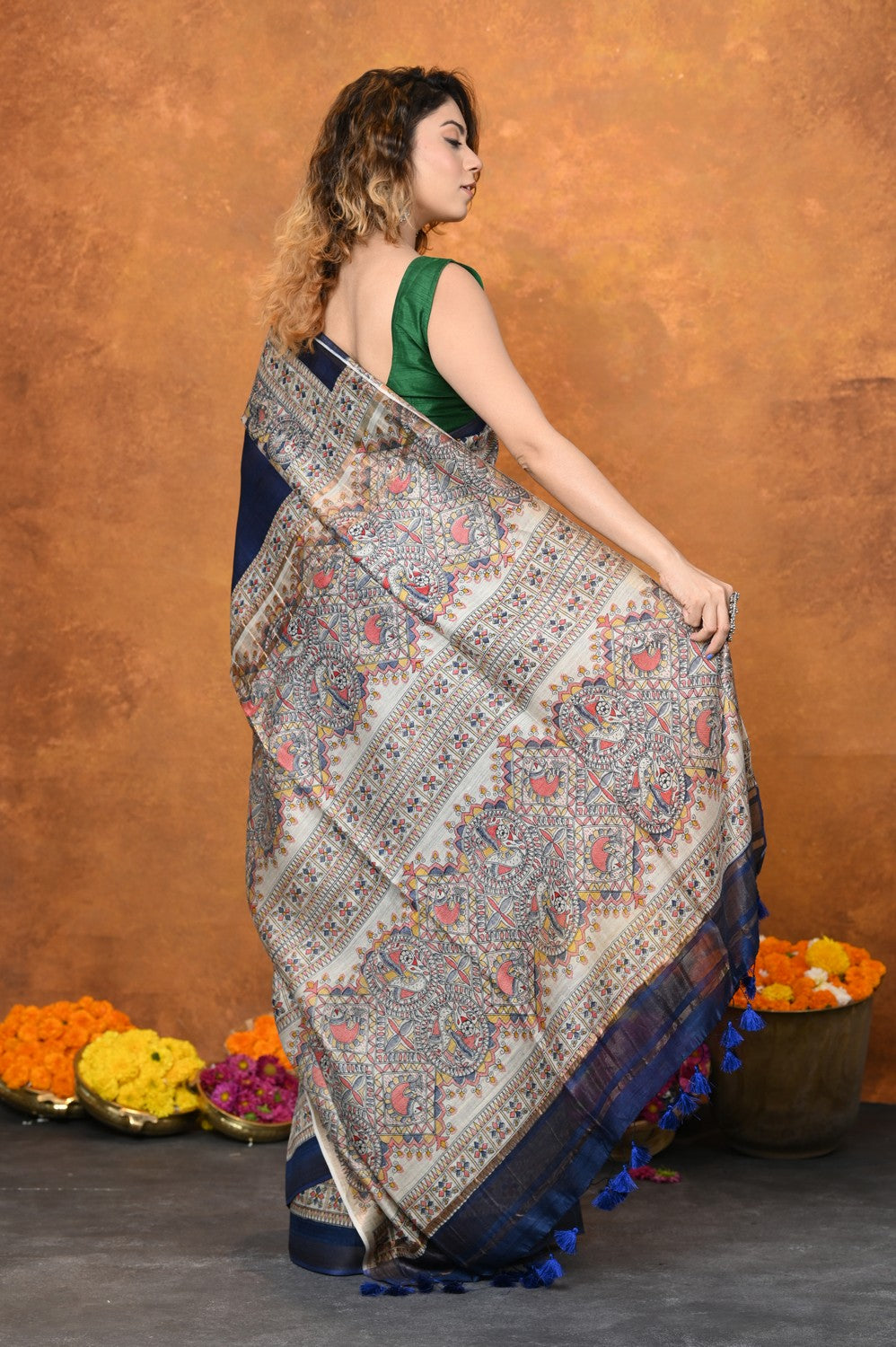 Very Much Indian Designed By VMI - Handloom Pure Tussar Silk Saree With Beautiful Madhubani Print - Blue | Grocsy