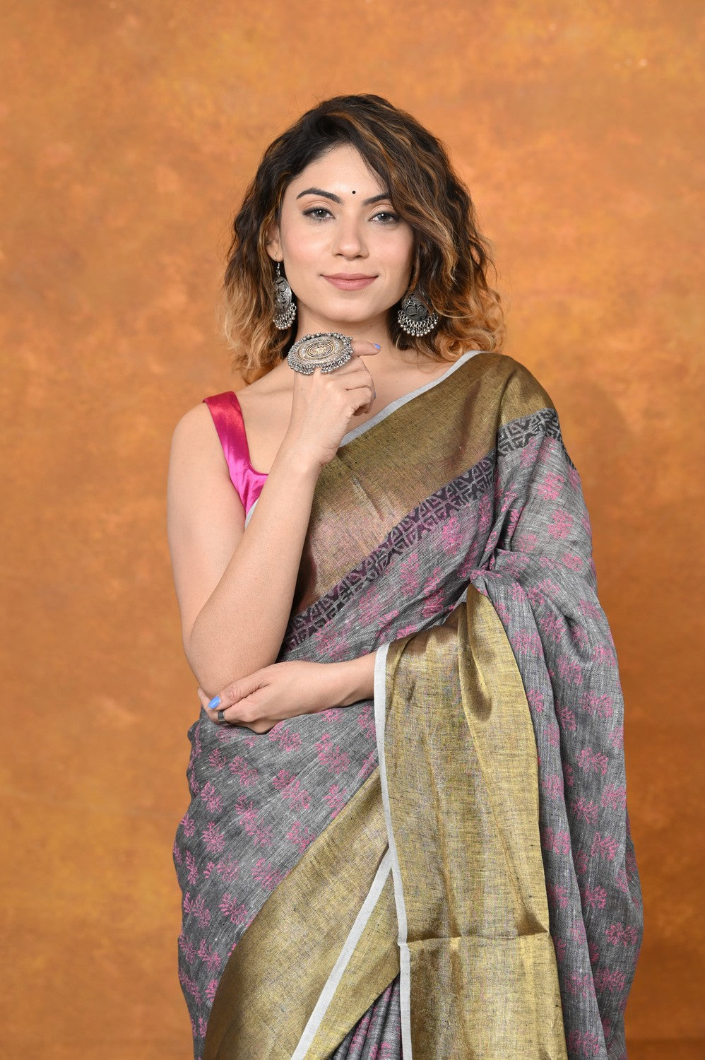 Very Much Indian Designed By VMI - Handloom Pure Organic Natural Linen Saree - HandBlock Printed | Grocsy