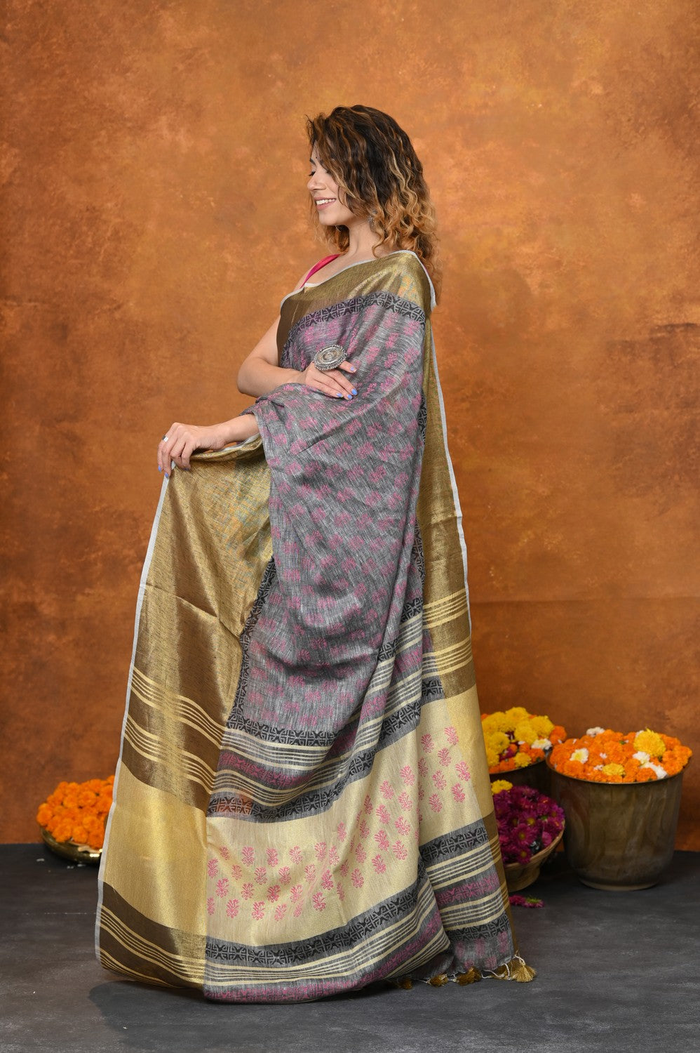 Very Much Indian Designed By VMI - Handloom Pure Organic Natural Linen Saree - HandBlock Printed | Grocsy