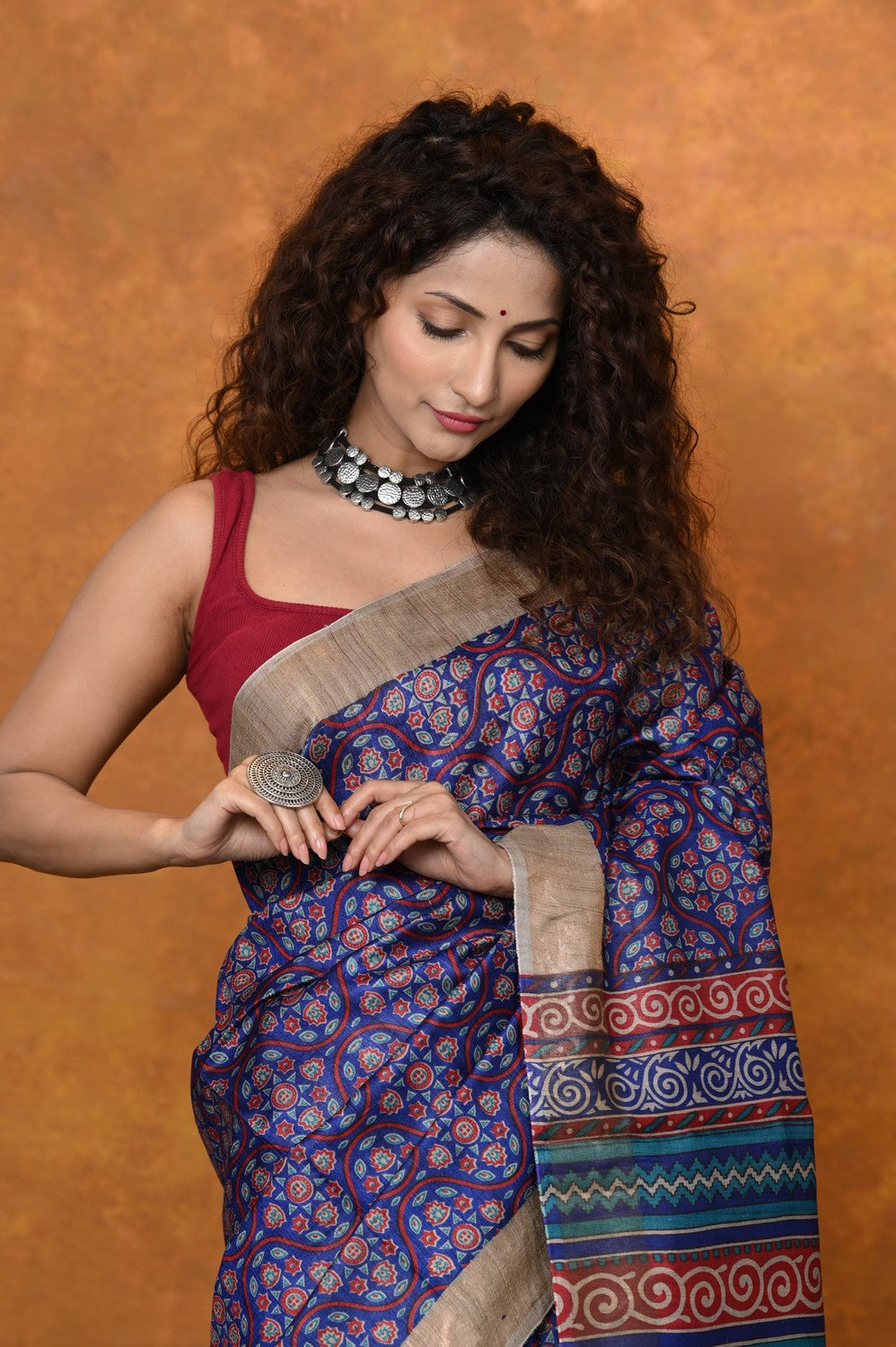 Very Much Indian Designed By VMI - Handloom Pure Organic Natural Linen Saree - HandBlock Printed | Grocsy