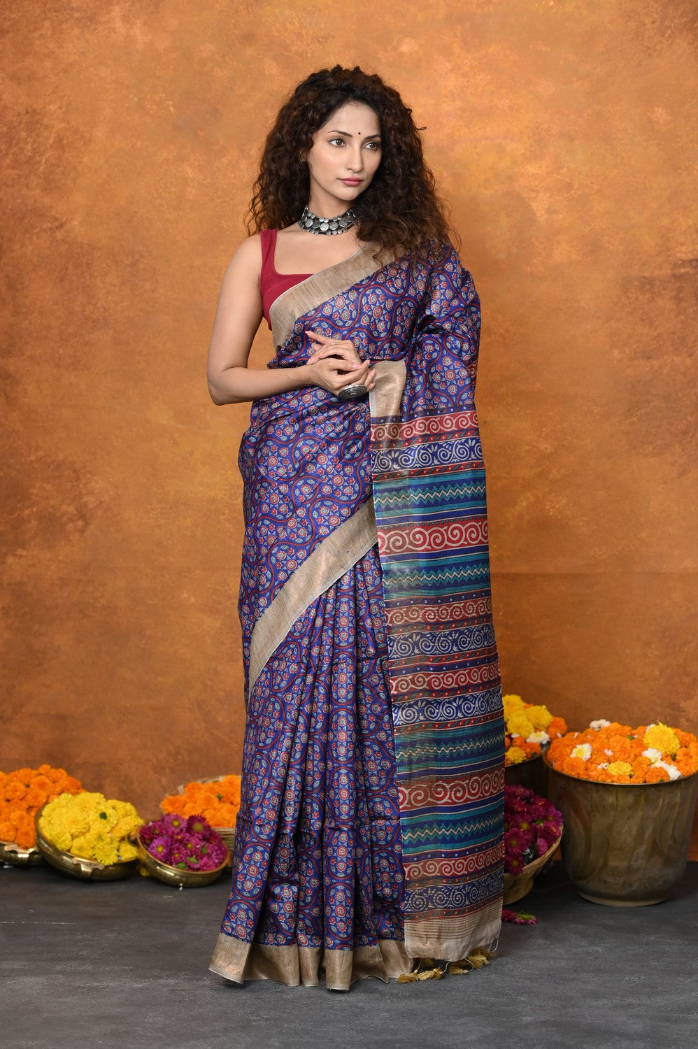 Very Much Indian Designed By VMI - Handloom Pure Organic Natural Linen Saree - HandBlock Printed | Grocsy