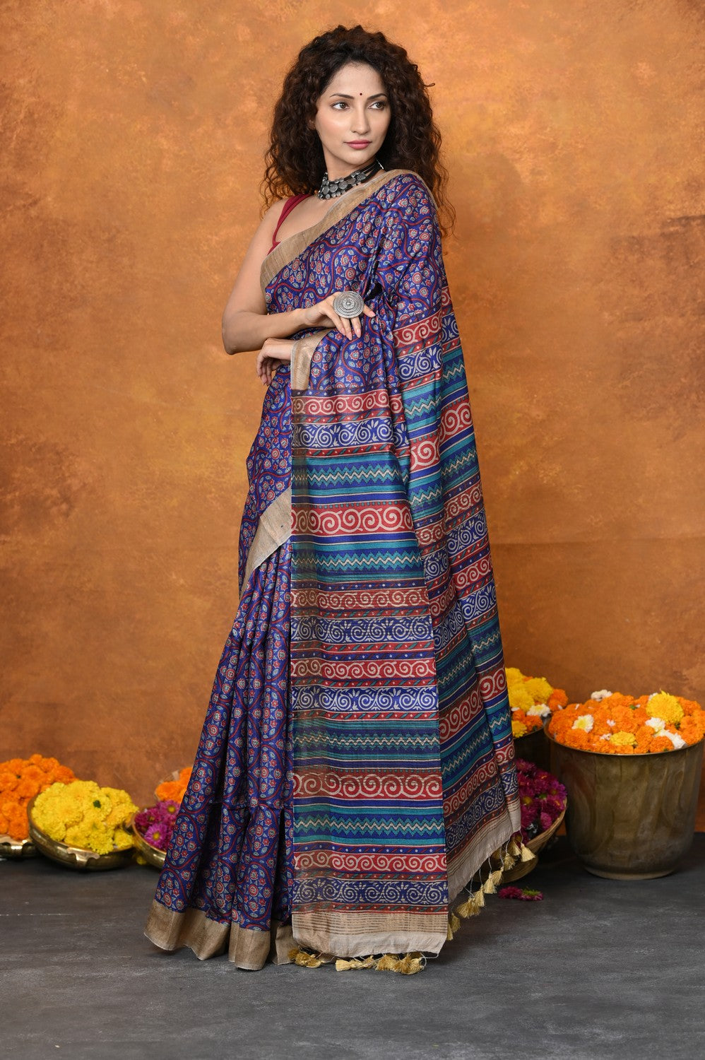 Very Much Indian Designed By VMI - Handloom Pure Organic Natural Linen Saree - HandBlock Printed | Grocsy