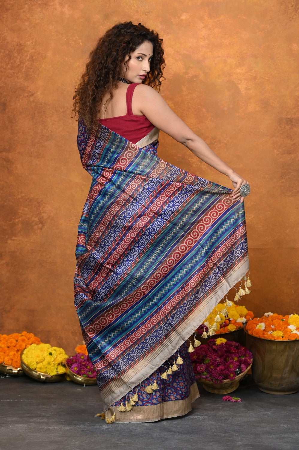 Very Much Indian Designed By VMI - Handloom Pure Organic Natural Linen Saree - HandBlock Printed | Grocsy
