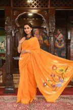 Very Much Indian Authentic Handloom Pure Cotton Paithani with Traditional Peacock Pallu - Turmeric Yellow | Grocsy