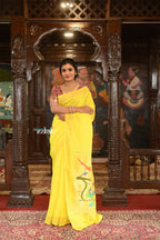 Very Much Indian Authentic Handloom Pure Cotton Paithani with Traditional Peacock Pallu - Lime Yellow | Grocsy