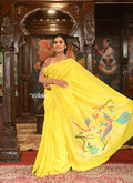 Very Much Indian Authentic Handloom Pure Cotton Paithani with Traditional Peacock Pallu - Lime Yellow | Grocsy