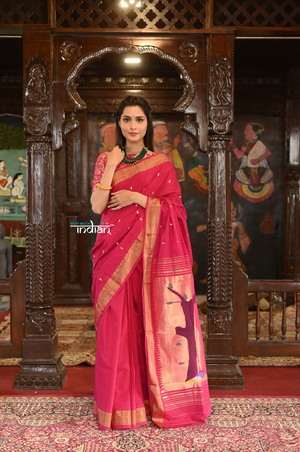 Very Much Indian Authentic Handloom Pure Cotton Paithani with Traditional Radha Krishna Pallu - Red Delight | Grocsy