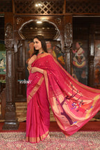 Very Much Indian Authentic Handloom Pure Cotton Paithani with Traditional Radha Krishna Pallu - Red Delight | Grocsy