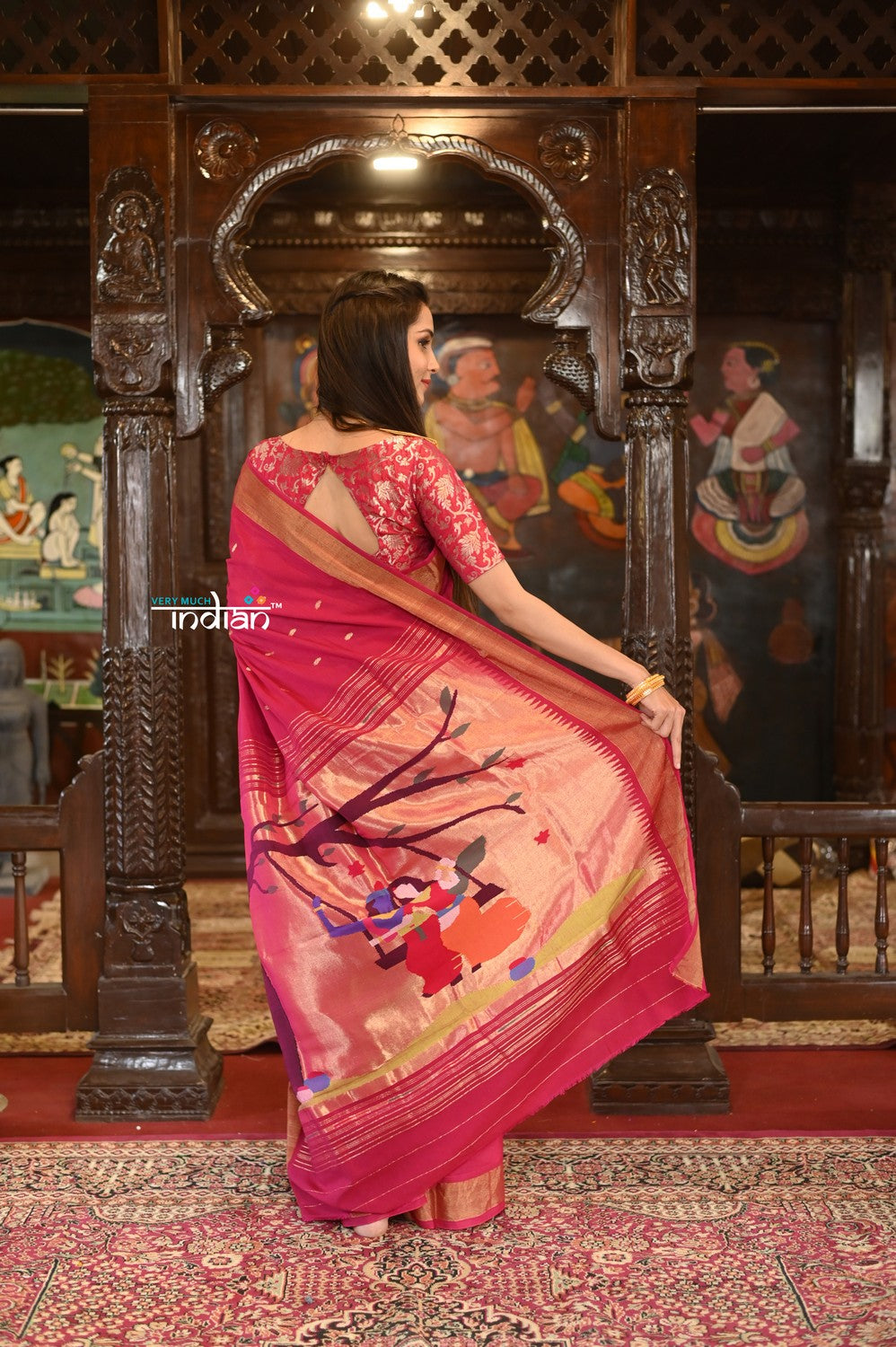 Very Much Indian Authentic Handloom Pure Cotton Paithani with Traditional Radha Krishna Pallu - Red Delight | Grocsy