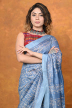 Very Much Indian Designed By VMI - Handloom Pure Organic Natural Linen Silk Saree with Allover Handblock Print - Powder Blue | Grocsy