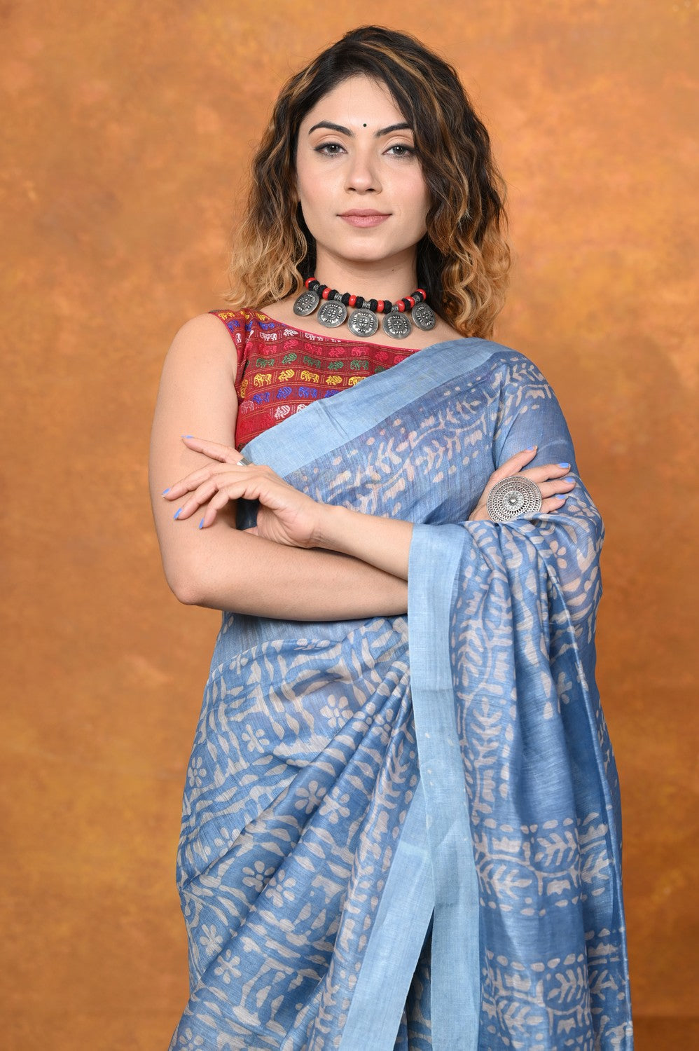Very Much Indian Designed By VMI - Handloom Pure Organic Natural Linen Silk Saree with Allover Handblock Print - Powder Blue | Grocsy