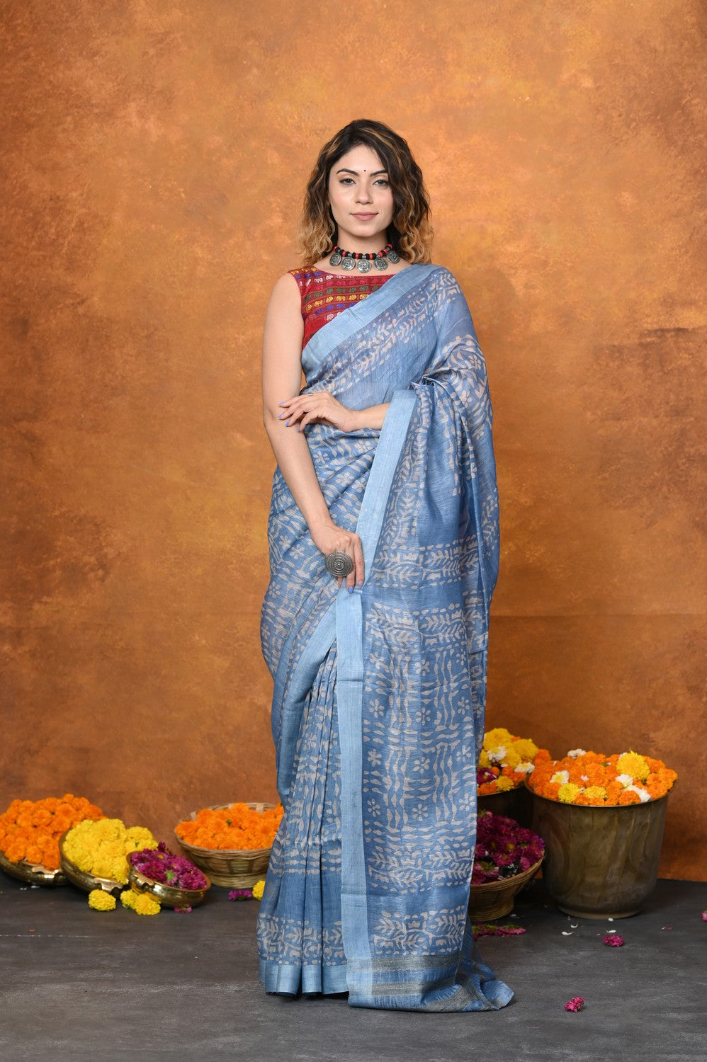 Very Much Indian Designed By VMI - Handloom Pure Organic Natural Linen Silk Saree with Allover Handblock Print - Powder Blue | Grocsy