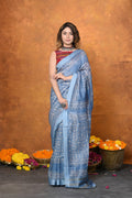Very Much Indian Designed By VMI - Handloom Pure Organic Natural Linen Silk Saree with Allover Handblock Print - Powder Blue | Grocsy