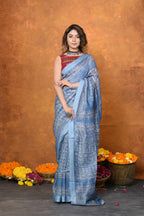 Very Much Indian Designed By VMI - Handloom Pure Organic Natural Linen Silk Saree with Allover Handblock Print - Powder Blue | Grocsy