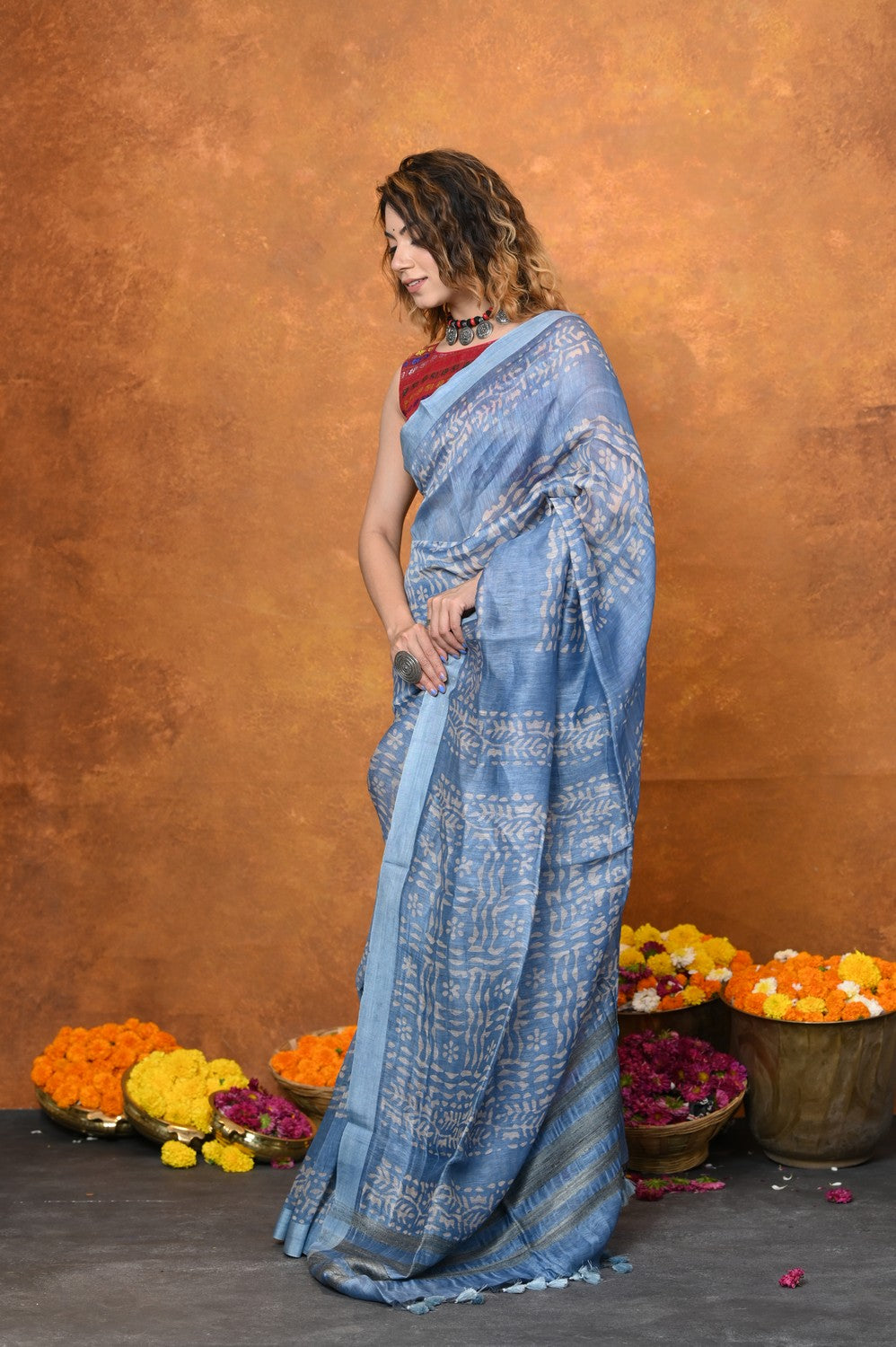Very Much Indian Designed By VMI - Handloom Pure Organic Natural Linen Silk Saree with Allover Handblock Print - Powder Blue | Grocsy