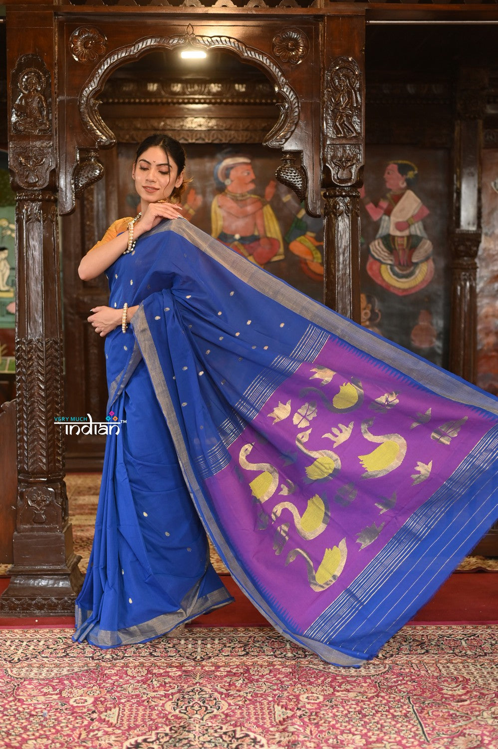 Very Much Indian Authentic Handloom Pure Cotton Paithani with Handcrafted Swan Pallu - Marine Blue | Grocsy