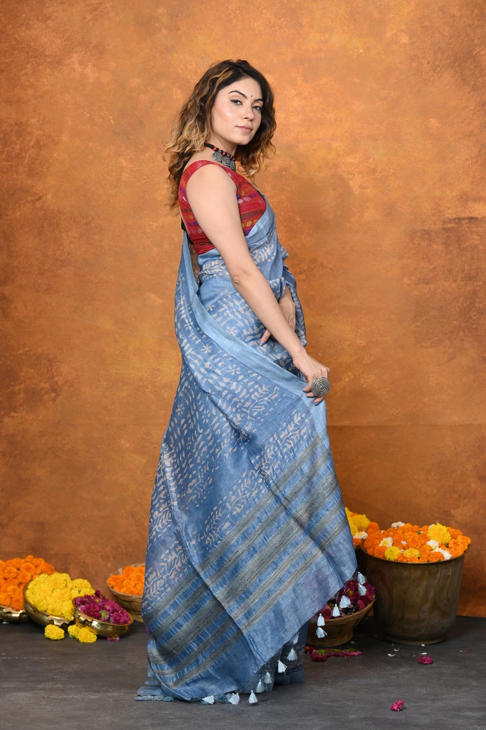 Very Much Indian Designed By VMI - Handloom Pure Organic Natural Linen Silk Saree with Allover Handblock Print - Powder Blue | Grocsy