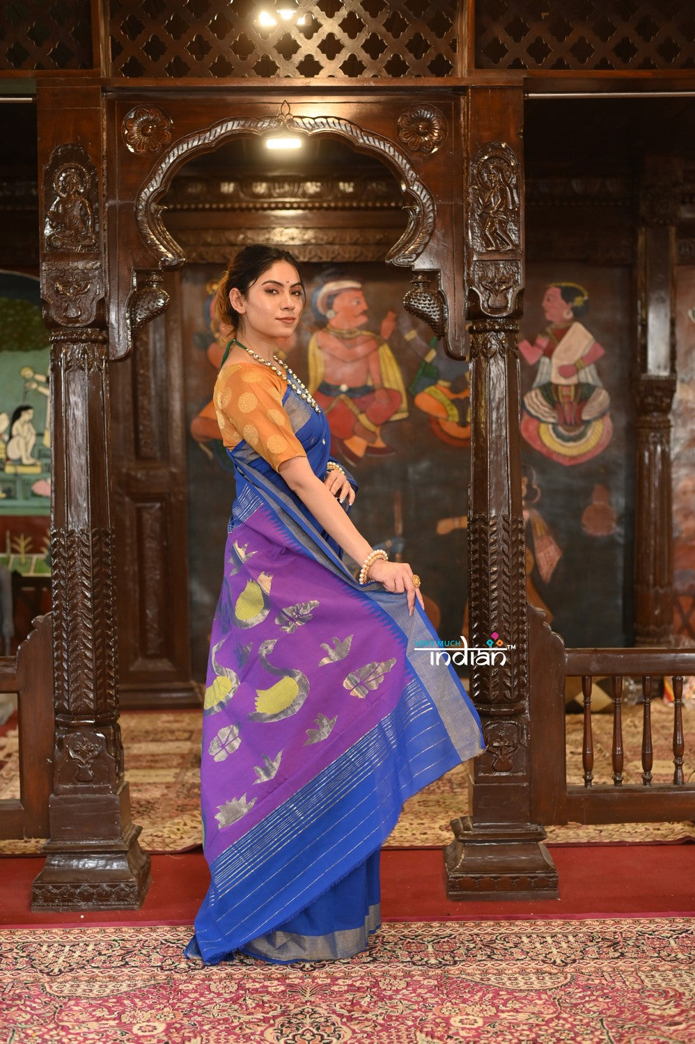 Very Much Indian Authentic Handloom Pure Cotton Paithani with Handcrafted Swan Pallu - Marine Blue | Grocsy