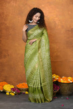 Very Much Indian Designed By VMI - Handloom Pure Organic Natural Linen Silk Saree with Allover Handblock Print - Green | Grocsy