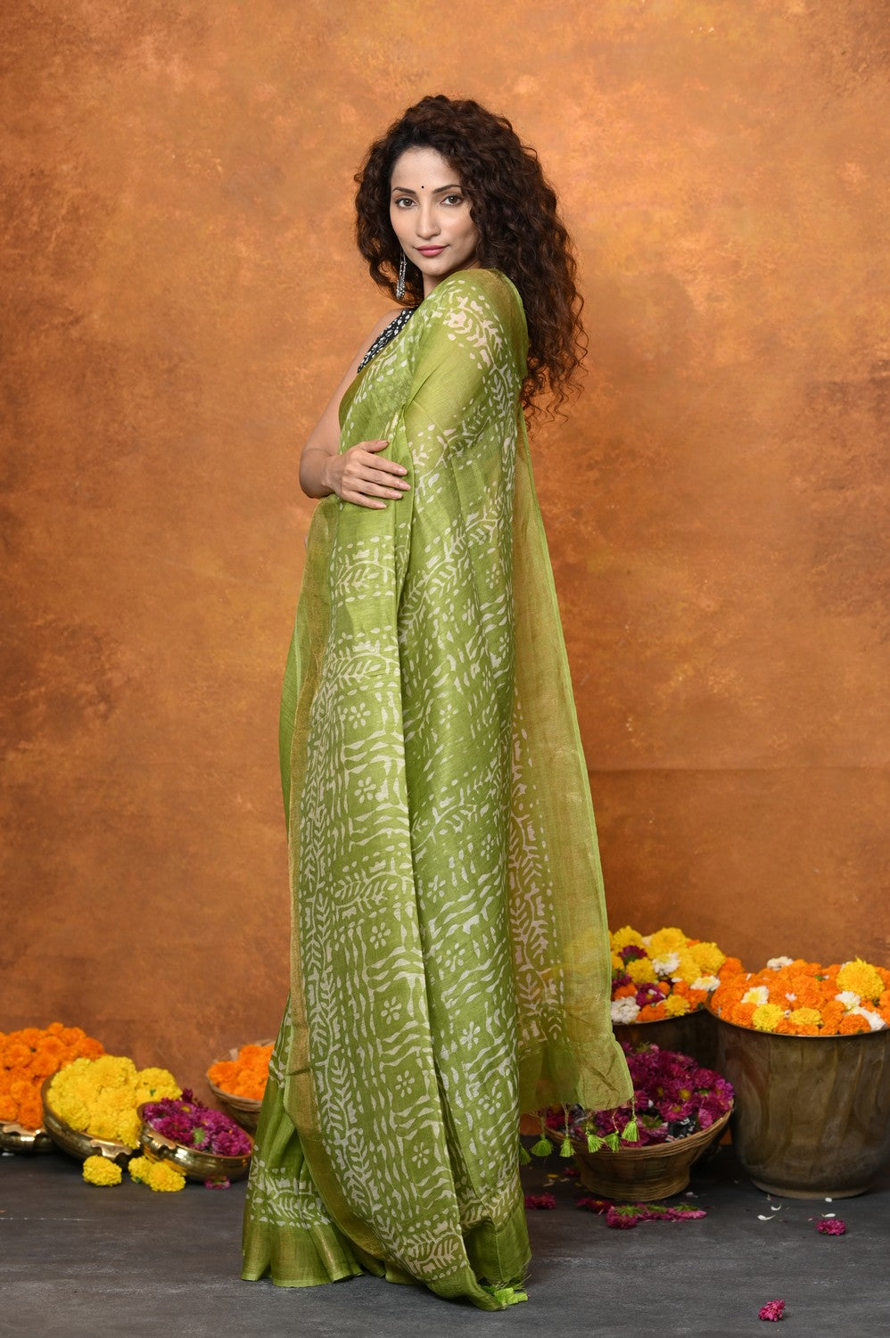 Very Much Indian Designed By VMI - Handloom Pure Organic Natural Linen Silk Saree with Allover Handblock Print - Green | Grocsy