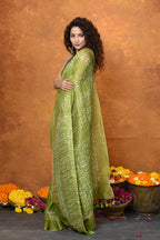 Very Much Indian Designed By VMI - Handloom Pure Organic Natural Linen Silk Saree with Allover Handblock Print - Green | Grocsy