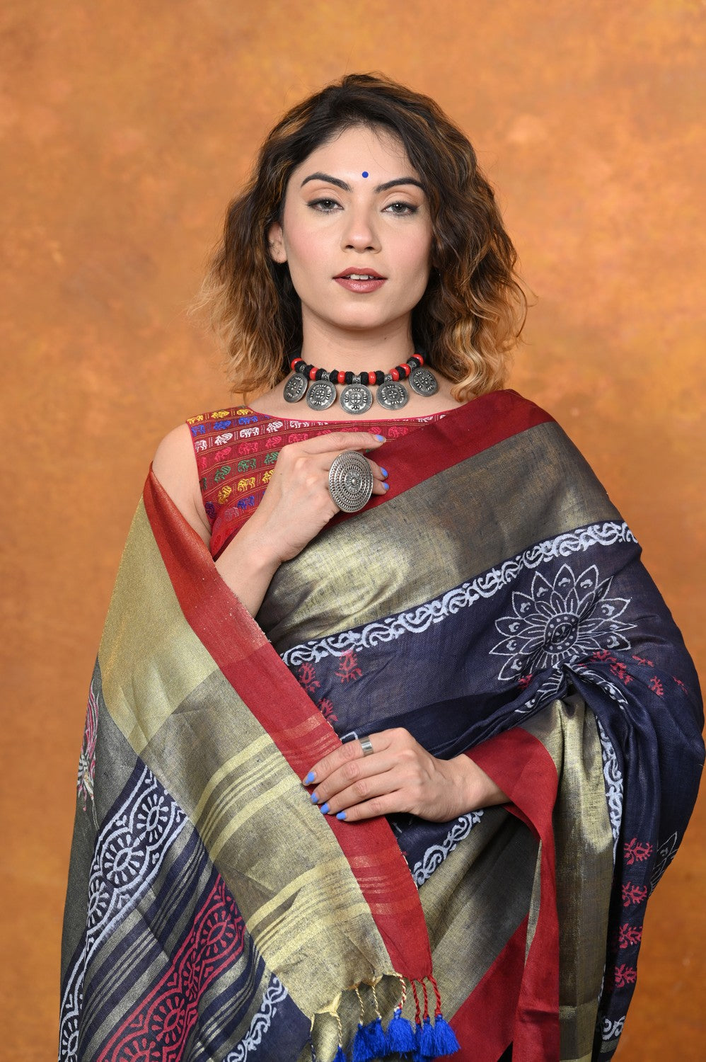 Very Much Indian Designed By VMI - Handloom Pure Organic Natural Linen Saree - HandBlock Printed | Grocsy
