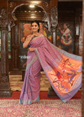 Very Much Indian Authentic Handloom Pure Cotton Paithani with Handcrafted Peacock Pallu - Dual tone Blue Pink | Grocsy