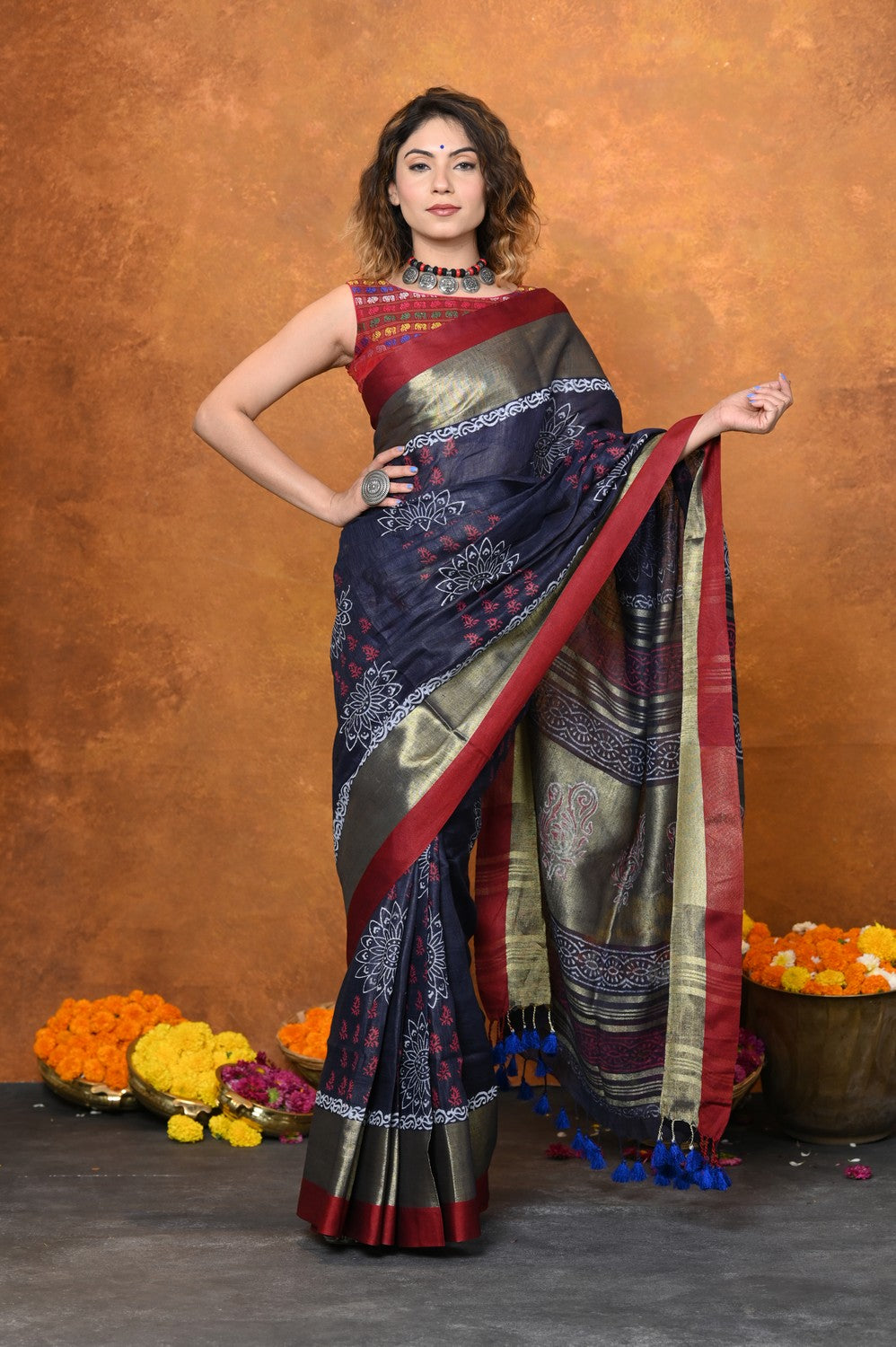 Very Much Indian Designed By VMI - Handloom Pure Organic Natural Linen Saree - HandBlock Printed | Grocsy