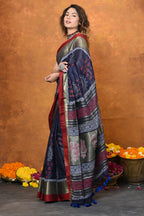 Very Much Indian Designed By VMI - Handloom Pure Organic Natural Linen Saree - HandBlock Printed | Grocsy