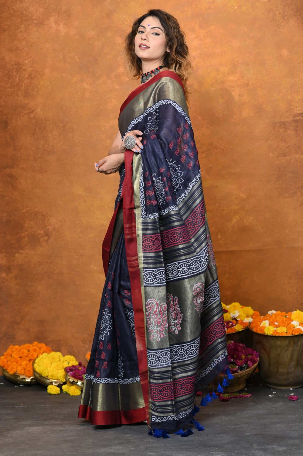 Very Much Indian Designed By VMI - Handloom Pure Organic Natural Linen Saree - HandBlock Printed | Grocsy