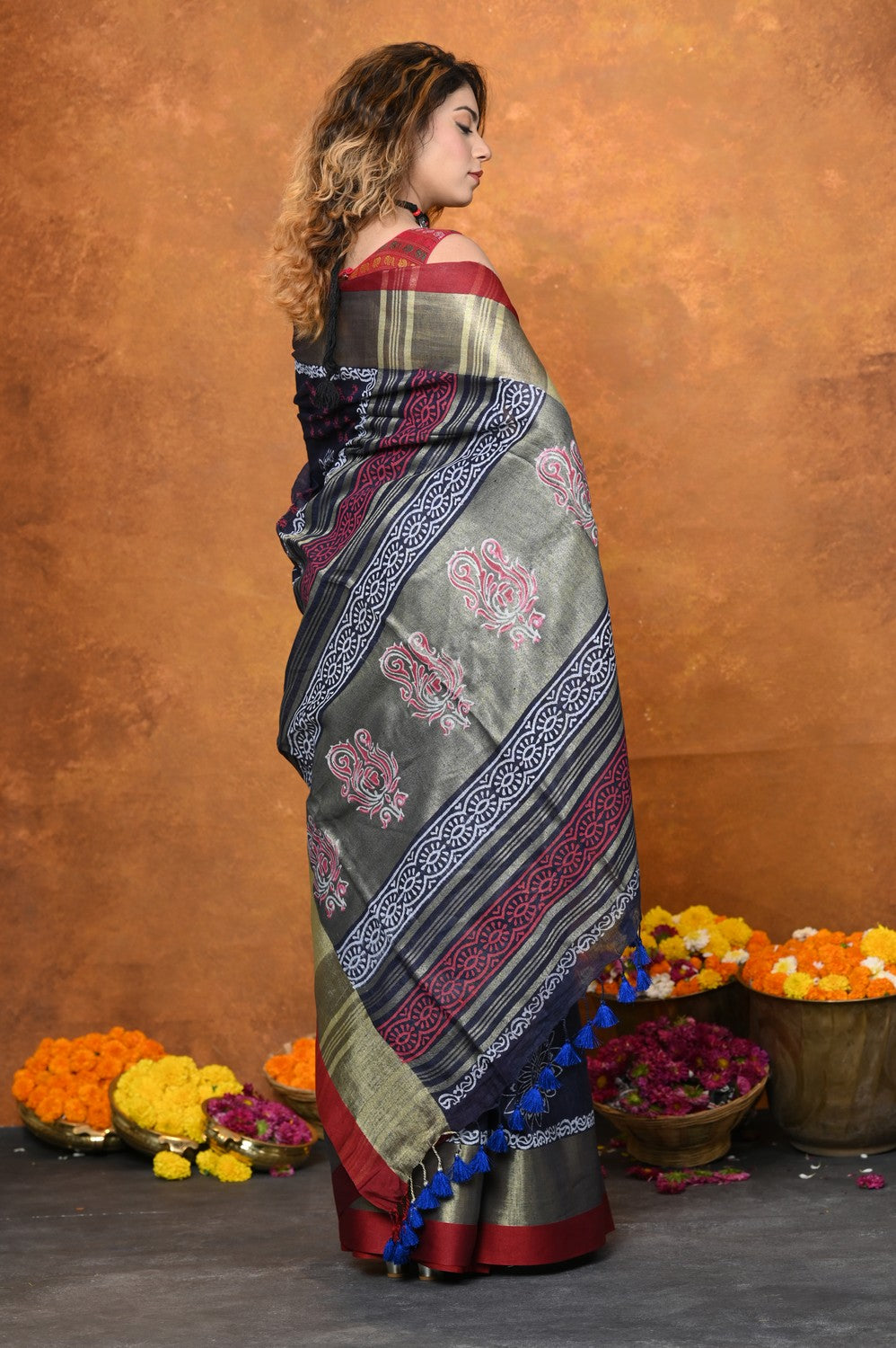 Very Much Indian Designed By VMI - Handloom Pure Organic Natural Linen Saree - HandBlock Printed | Grocsy