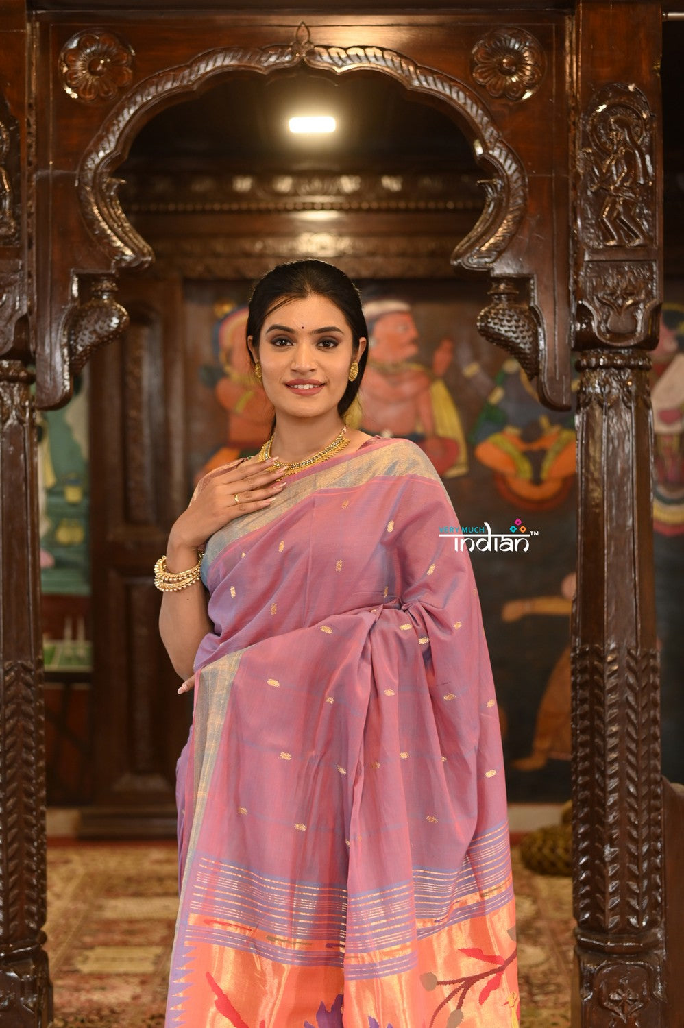 Very Much Indian Authentic Handloom Pure Cotton Paithani with Handcrafted Peacock Pallu - Dual tone Blue Pink | Grocsy