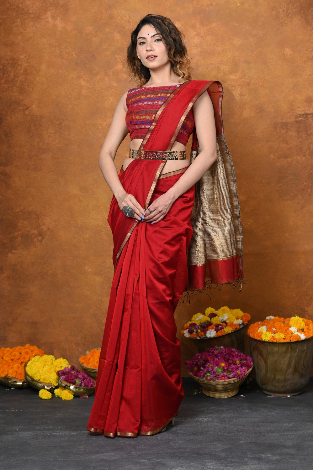 Very Much Indian Handloom Cotton Silk Saree With Sleek Golden Border - Red | Grocsy