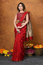 Very Much Indian Handloom Cotton Silk Saree With Sleek Golden Border - Red | Grocsy