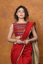 Very Much Indian Handloom Cotton Silk Saree With Sleek Golden Border - Red | Grocsy