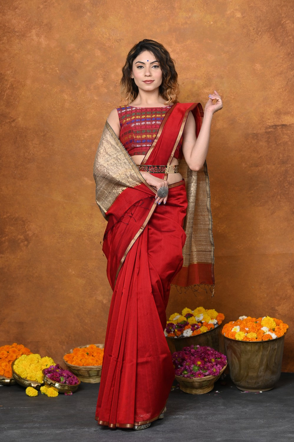Very Much Indian Handloom Cotton Silk Saree With Sleek Golden Border - Red | Grocsy