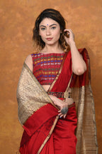 Very Much Indian Handloom Cotton Silk Saree With Sleek Golden Border - Red | Grocsy
