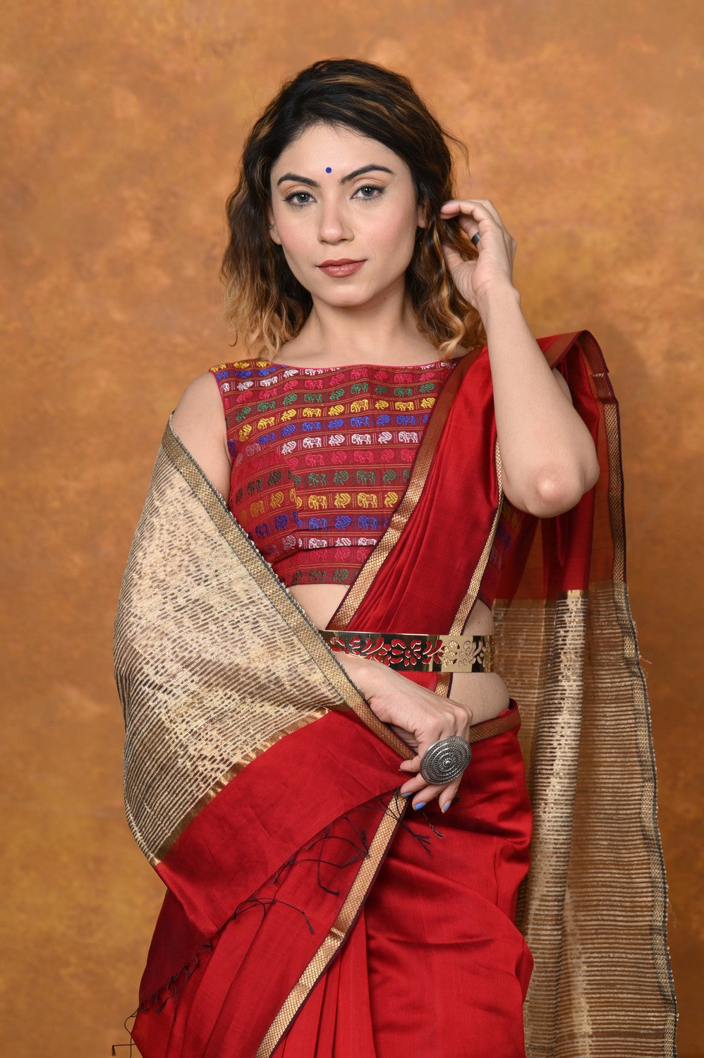 Very Much Indian Handloom Cotton Silk Saree With Sleek Golden Border - Red | Grocsy