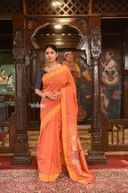 Very Much Indian Authentic Handloom Pure Cotton Paithani with Handcrafted Asawali Pallu - Orange Shade | Grocsy