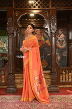 Very Much Indian Authentic Handloom Pure Cotton Paithani with Handcrafted Asawali Pallu - Orange Shade | Grocsy