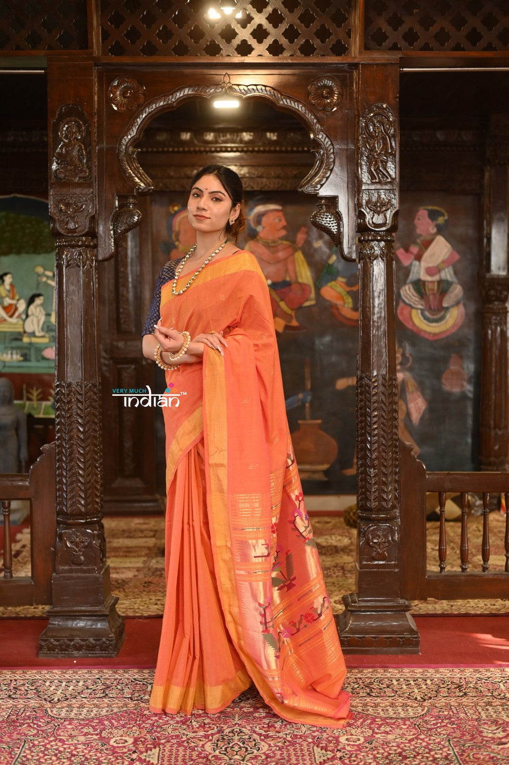 Very Much Indian Authentic Handloom Pure Cotton Paithani with Handcrafted Asawali Pallu - Orange Shade | Grocsy