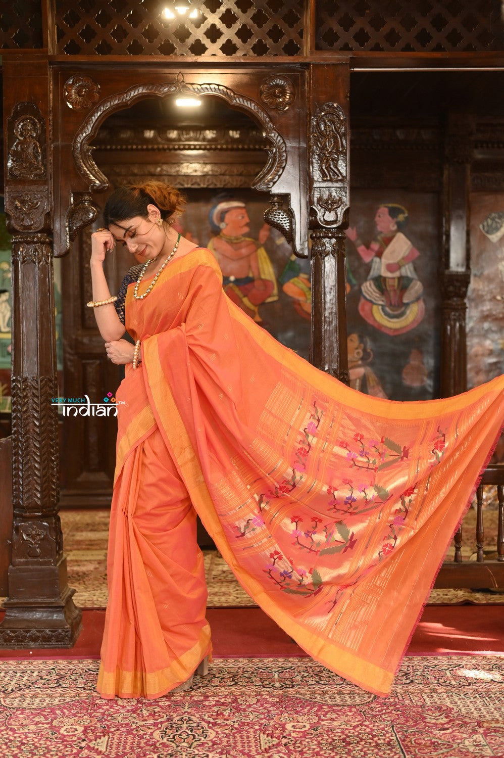 Very Much Indian Authentic Handloom Pure Cotton Paithani with Handcrafted Asawali Pallu - Orange Shade | Grocsy