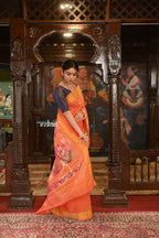 Very Much Indian Authentic Handloom Pure Cotton Paithani with Handcrafted Asawali Pallu - Orange Shade | Grocsy