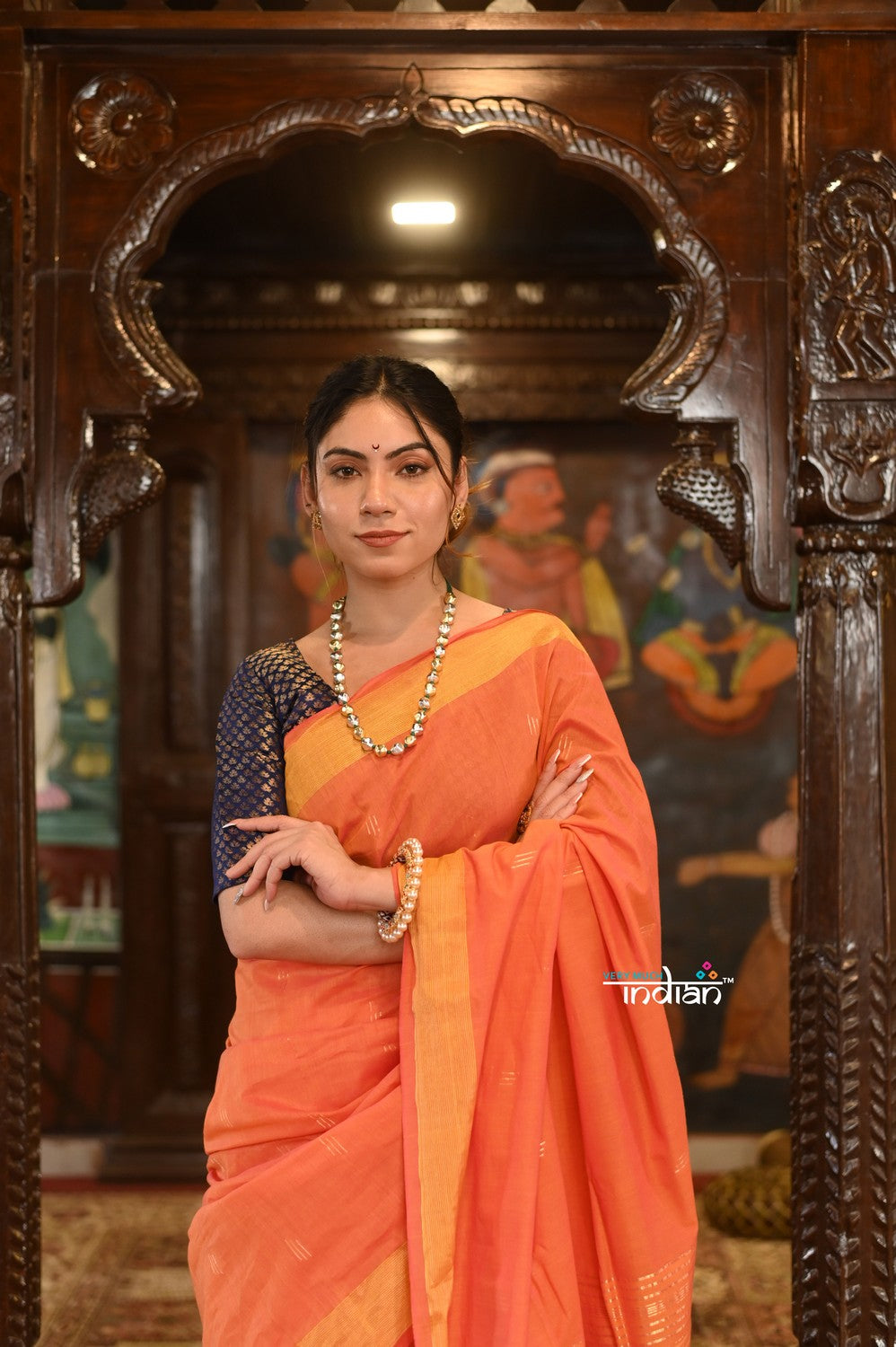 Very Much Indian Authentic Handloom Pure Cotton Paithani with Handcrafted Asawali Pallu - Orange Shade | Grocsy