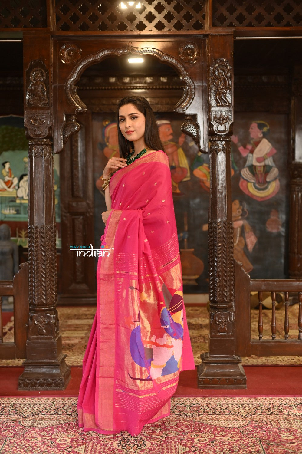 Very Much Indian Authentic Handloom Pure Cotton Paithani with Handcrafted Radhakrishna Pallu - Rani Pink | Grocsy