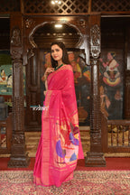Very Much Indian Authentic Handloom Pure Cotton Paithani with Handcrafted Radhakrishna Pallu - Rani Pink | Grocsy