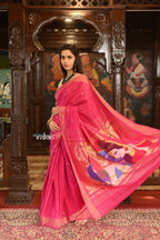 Very Much Indian Authentic Handloom Pure Cotton Paithani with Handcrafted Radhakrishna Pallu - Rani Pink | Grocsy