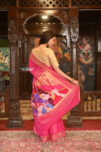 Very Much Indian Authentic Handloom Pure Cotton Paithani with Handcrafted Radhakrishna Pallu - Rani Pink | Grocsy