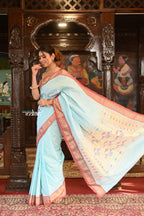 Very Much Indian Authentic Handloom Pure Cotton Paithani with Handcrafted Double Pallu - Powder Blue and Red Border | Grocsy